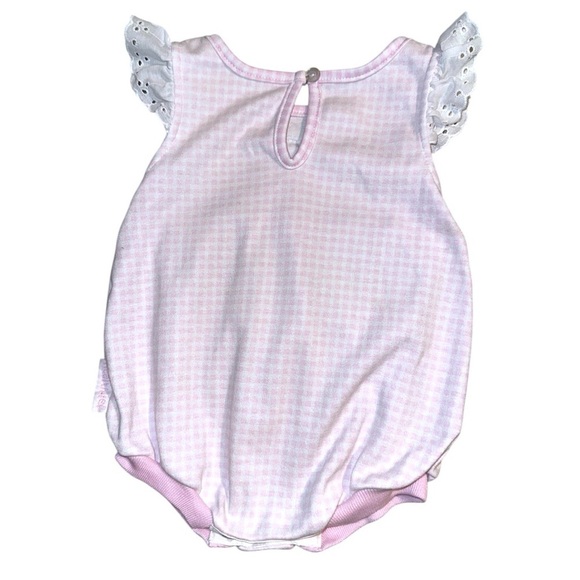 Vintage Healthtex Baby Bubble Romper – Pink Gingham, Eyelet Ruffle Sleeves - Picture 4 of 5